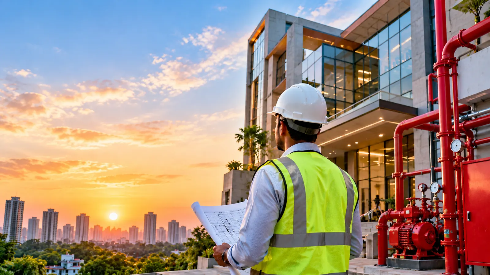 Fire safety engineer in a hard hat and high-visibility vest reviewing building plans beside red fire pump pipework at sunset